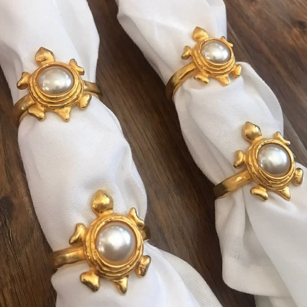 Vintage Edouard Rambaud gold and pearl turtle napkin rings